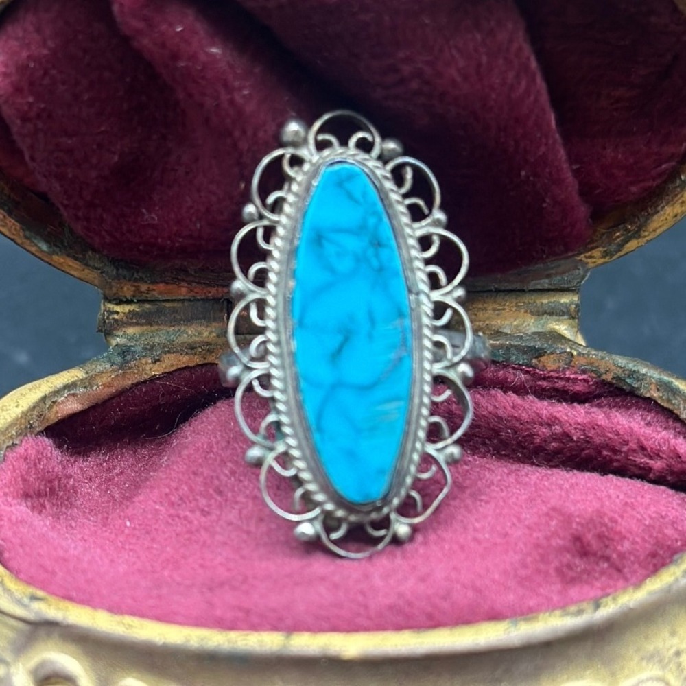 Sterling 925 DM Cocktail Ring Long Marquise Turquoise Stone With Filigree Edge 5
